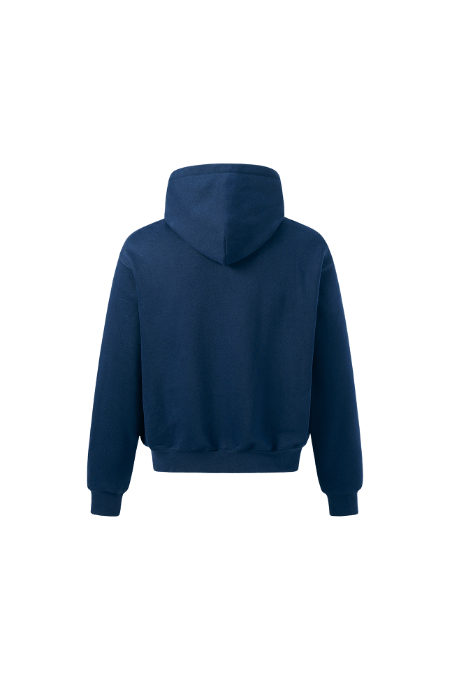 Back view of a navy blue pullover hoodie with a relaxed fit, fixed hood, and ribbed cuffs and hem.