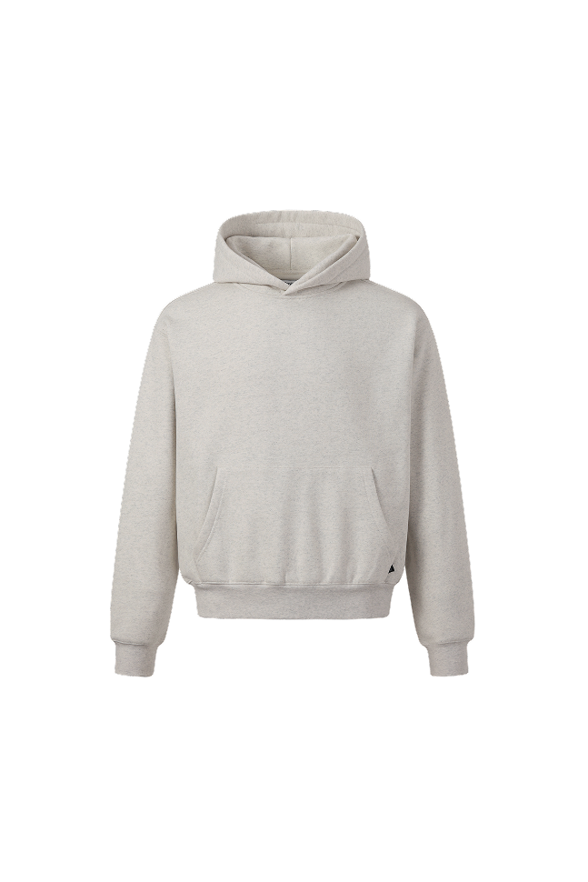 Light heather grey pullover hoodie with a relaxed fit, fixed hood, ribbed cuffs and hem, and a front kangaroo pocket.