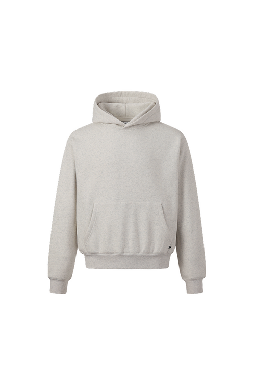 Light heather grey pullover hoodie with a relaxed fit, fixed hood, ribbed cuffs and hem, and a front kangaroo pocket.