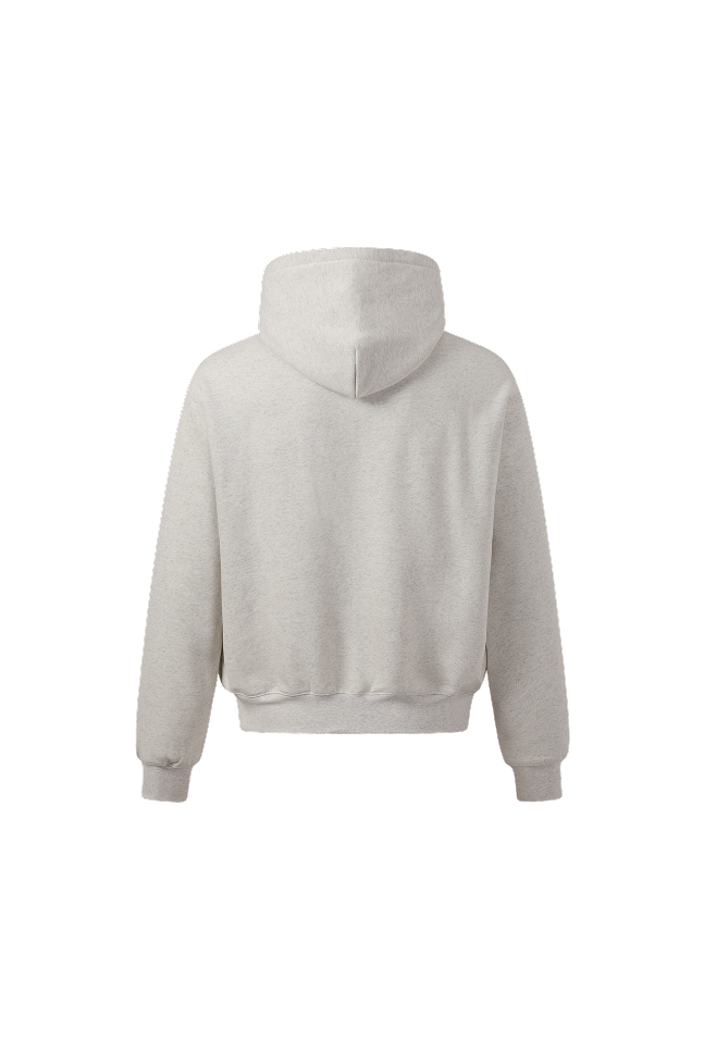 Back view of a light heather grey pullover hoodie with a relaxed fit, fixed hood, and ribbed cuffs and hem.