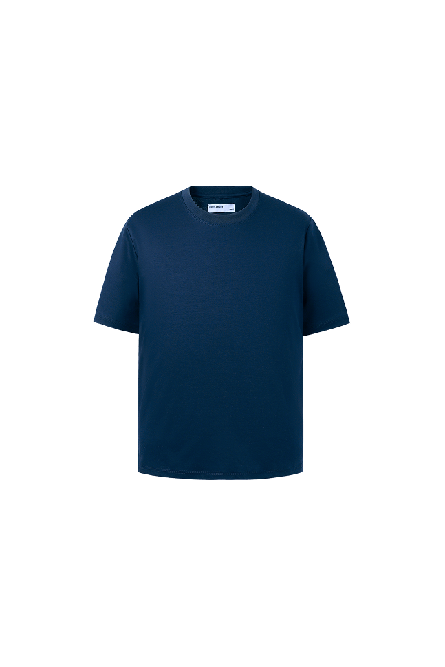 Navy crew neck short-sleeve T-shirt with a relaxed fit and straight hem.