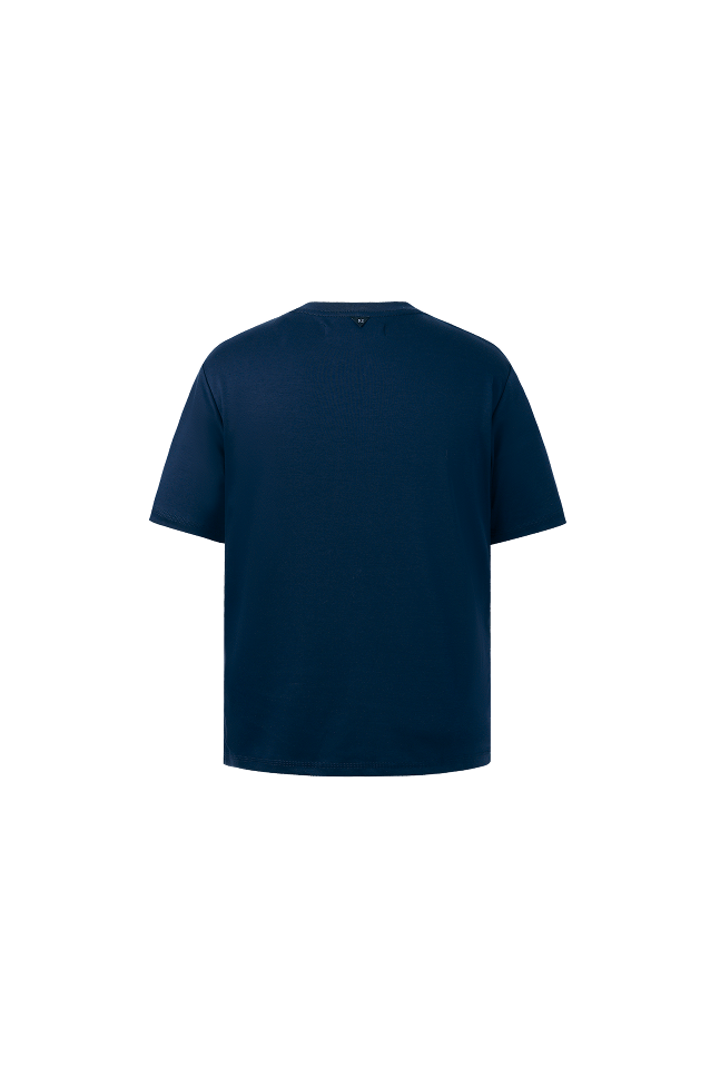 Back view of a navy crew neck short-sleeve T-shirt with a relaxed fit and straight hem.