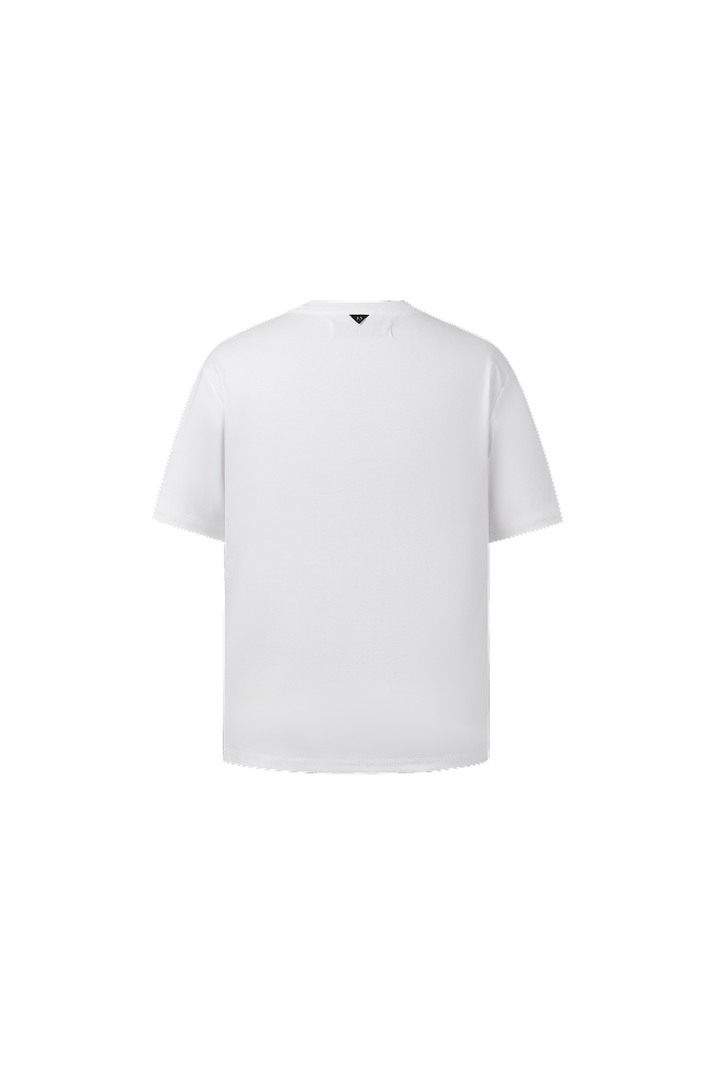 Back view of a white crew neck short-sleeve T-shirt with a relaxed fit and straight hem.