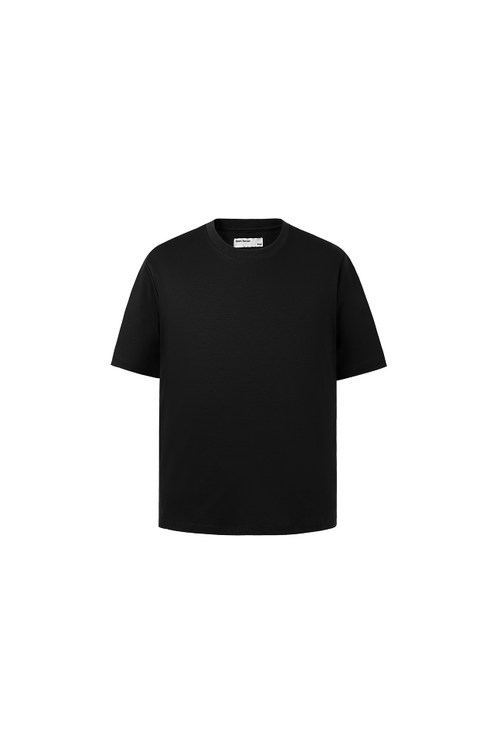Front view of black crewneck short-sleeve T-shirt.