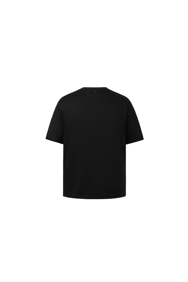 Back view of black crewneck short-sleeve T-shirt.