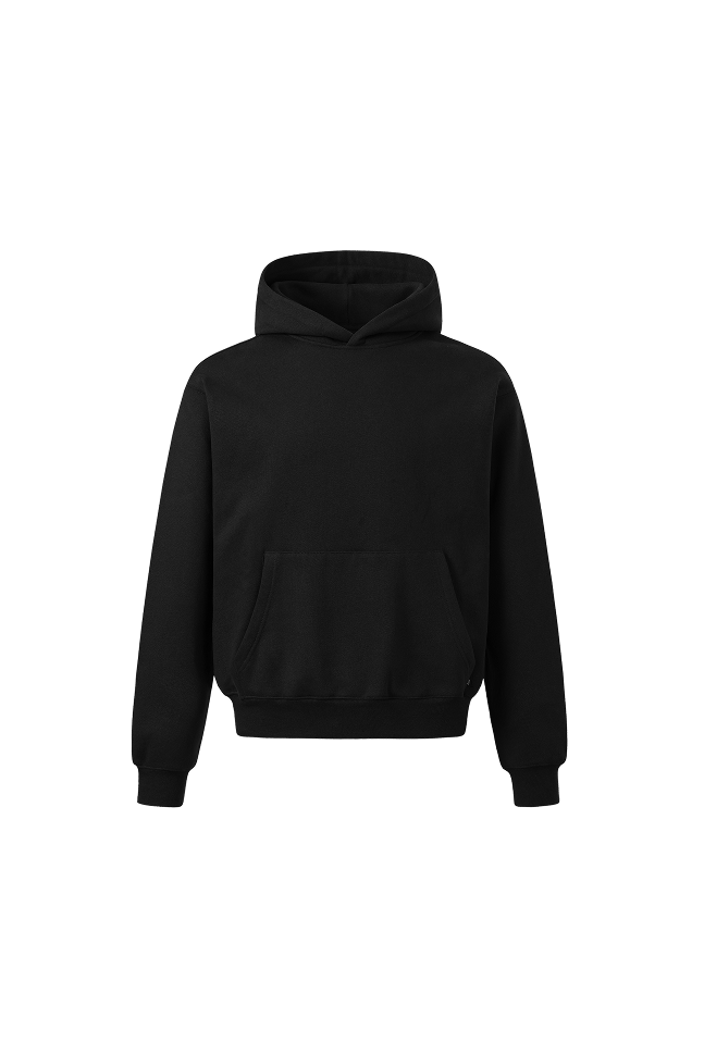 Black hoodie with a relaxed fit, fixed hood, ribbed cuffs and hem, and a front kangaroo pocket.