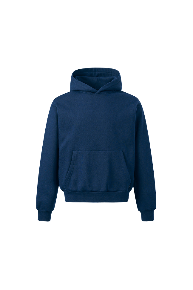 Navy blue pullover hoodie with a relaxed fit, fixed hood, ribbed cuffs and hem, and a front kangaroo pocket.
