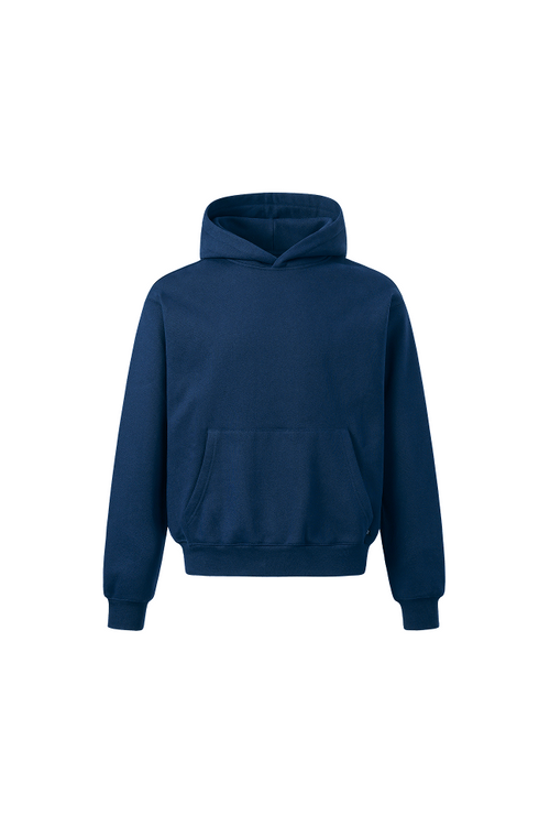 Navy blue pullover hoodie with a relaxed fit, fixed hood, ribbed cuffs and hem, and a front kangaroo pocket.