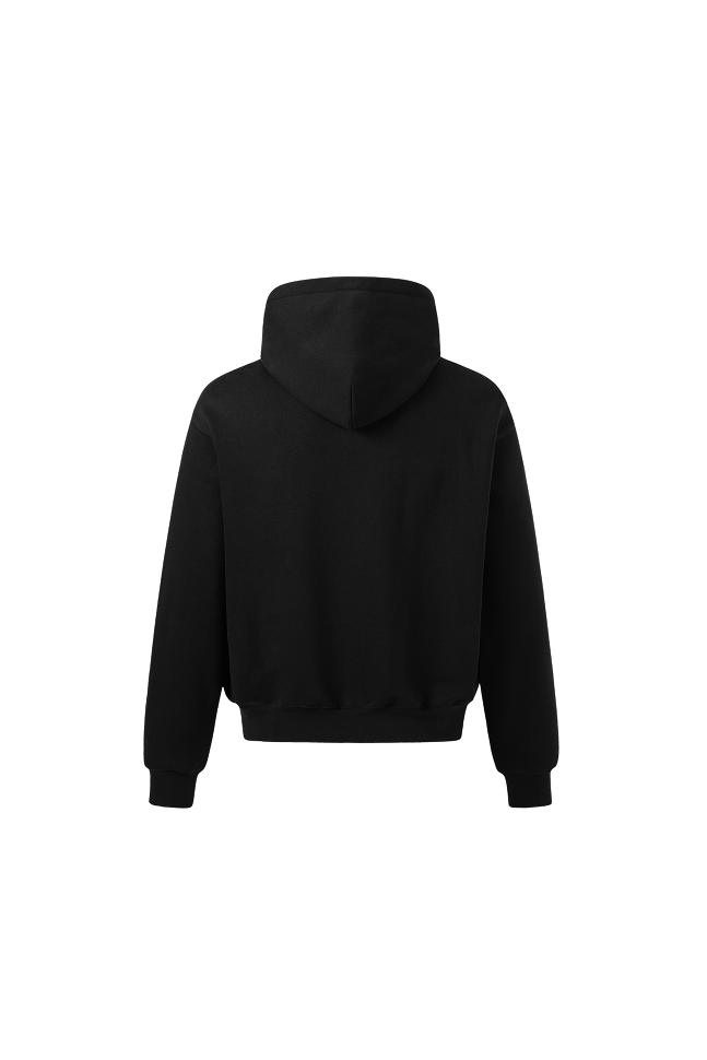 Back view of a black hoodie with a relaxed fit, fixed hood, and ribbed hem and cuffs.